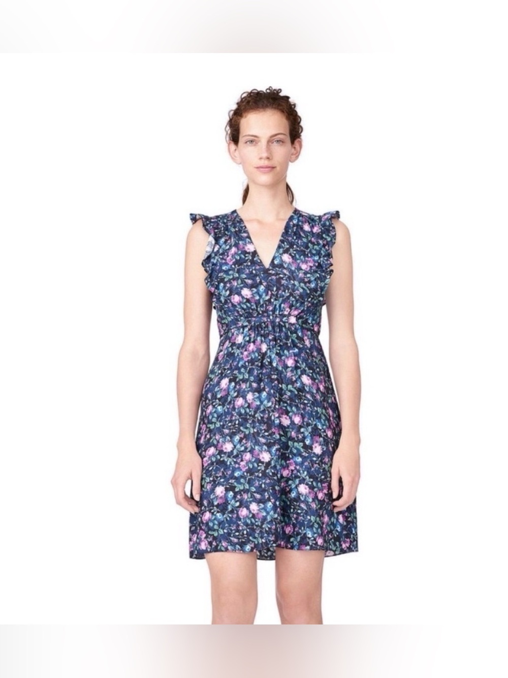 REBECCA TAYLOR 100% SILK DRESS Sz 00 FLORAL SLEEVELESS V-NECK RUFFLES FLUTTER